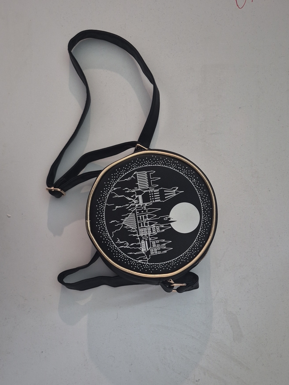Black Round Messenger Bag with Moonlit Castle Design